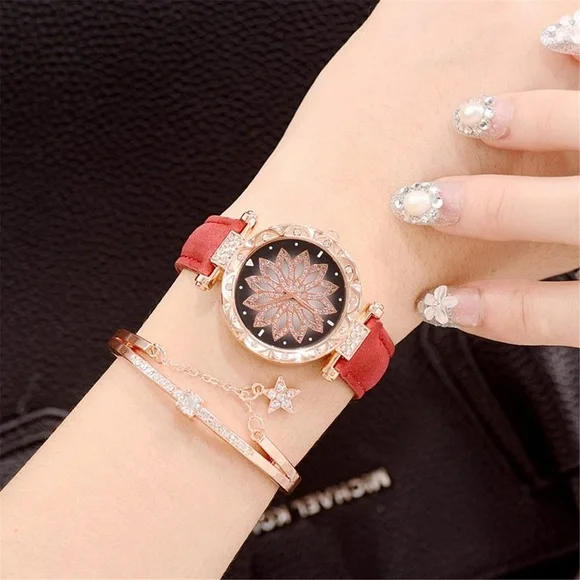 New Red Starry Sky Luxury Leather Strap Rose Gold Sapphire Bracelet Watch Set - Picture 13 of 16